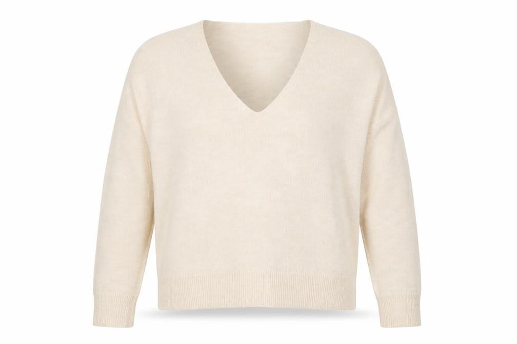 Mango Women Beige V-Neck Wool Blend Jumper Size M