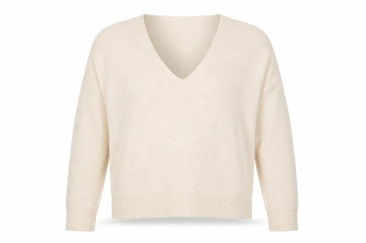 Mango Women Beige V-Neck Wool Blend Jumper Size M