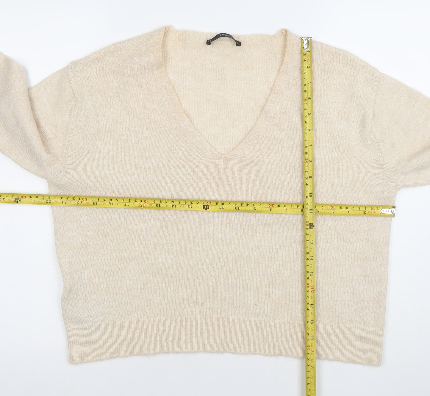 Mango Women Beige V-Neck Wool Blend Jumper Size M