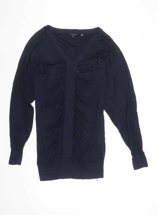 Ted Baker Women's Blue V-Neck Long Sleeve Tunic Blouse XS