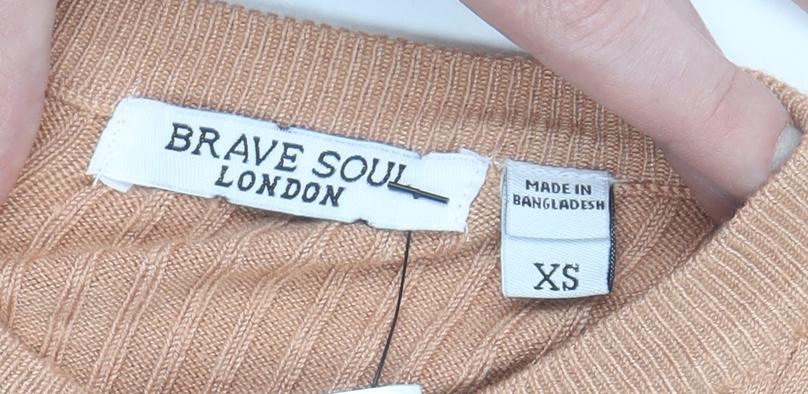 Brave Soul Women's Beige Ribbed Knit Crew Neck Pullover Jumper XS