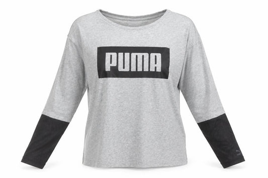 Front view of Puma women’s grey long sleeve logo pullover top, size UK 14