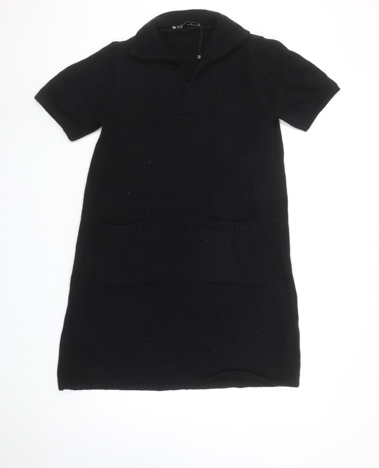 ZARA Womens Black Cotton Knit Jumper Dress Size 10 Short Sleeve Collared