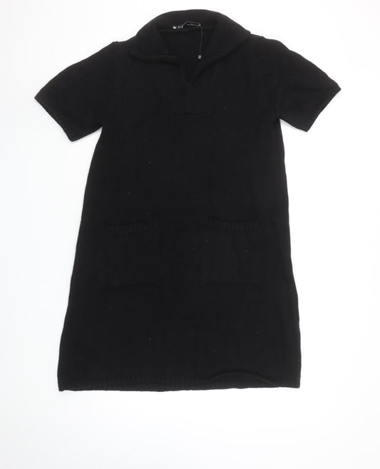 ZARA Womens Black Cotton Knit Jumper Dress Size 10 Short Sleeve Collared