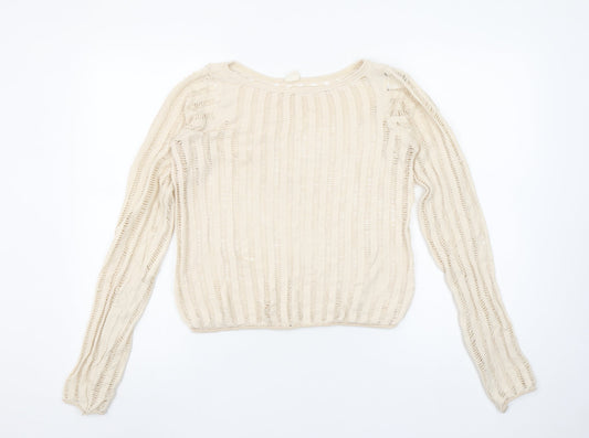 Urban Outfitters Women Beige Crochet Knit Long Sleeve Cropped Blouse M