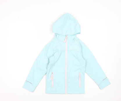 Additional front view of Hi Gear girls’ blue hooded soft shell jacket 5-6 years lightweight outdoor coat