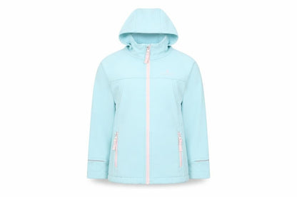 Front view of Hi Gear girls’ blue hooded soft shell jacket 5-6 years lightweight outdoor coat