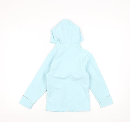 Close-up detail of Hi Gear girls’ blue hooded soft shell jacket 5-6 years lightweight outdoor coat