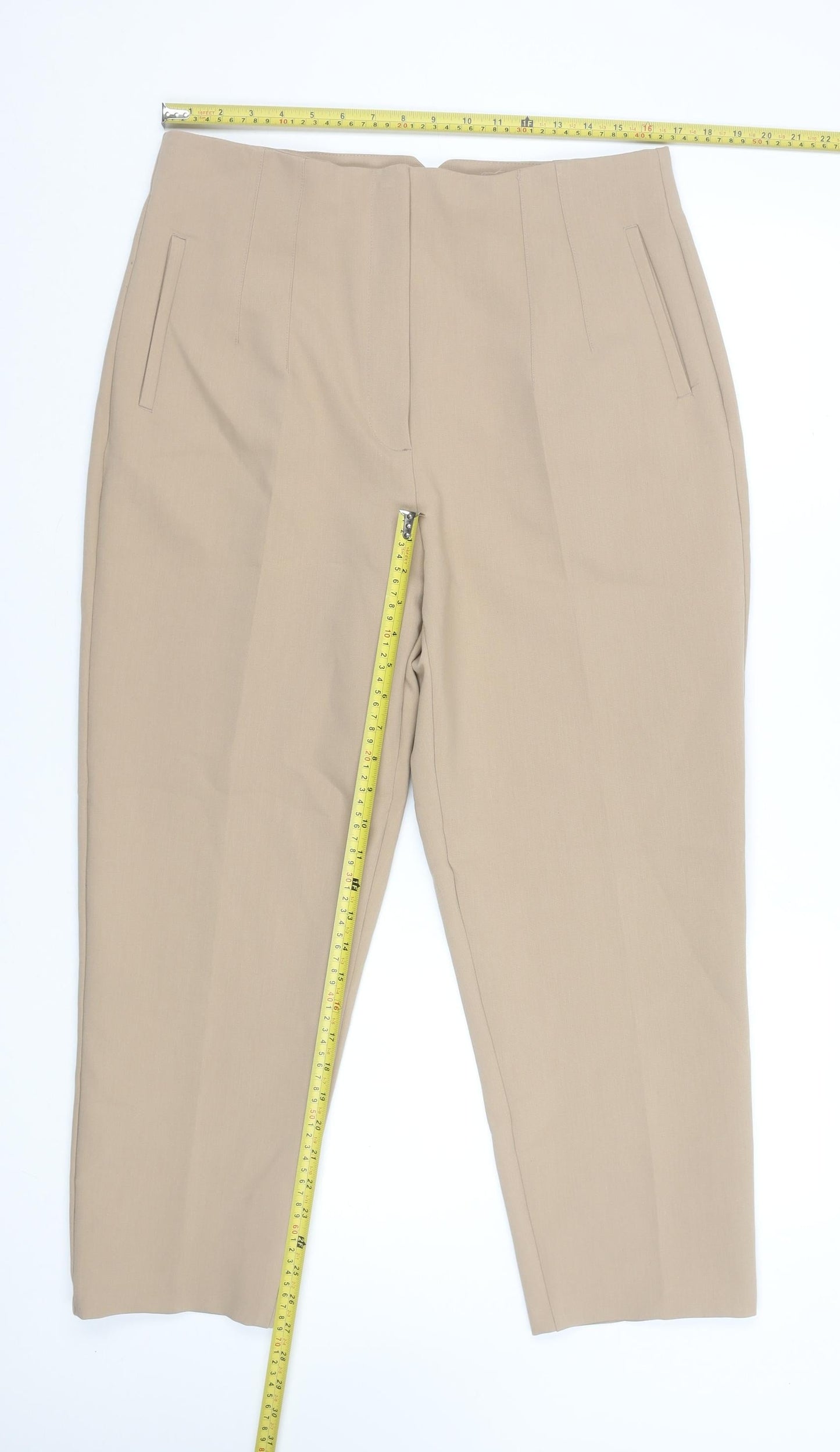 Zara Women Beige Slim Fit Cropped Tapered Work Trousers Size 18