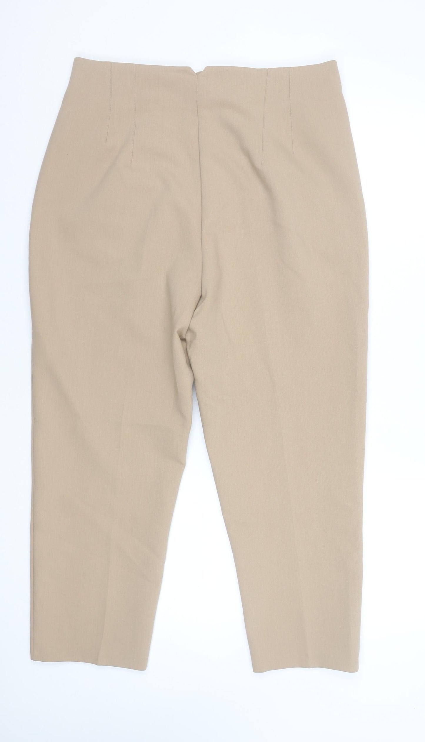 Zara Women Beige Slim Fit Cropped Tapered Work Trousers Size 18