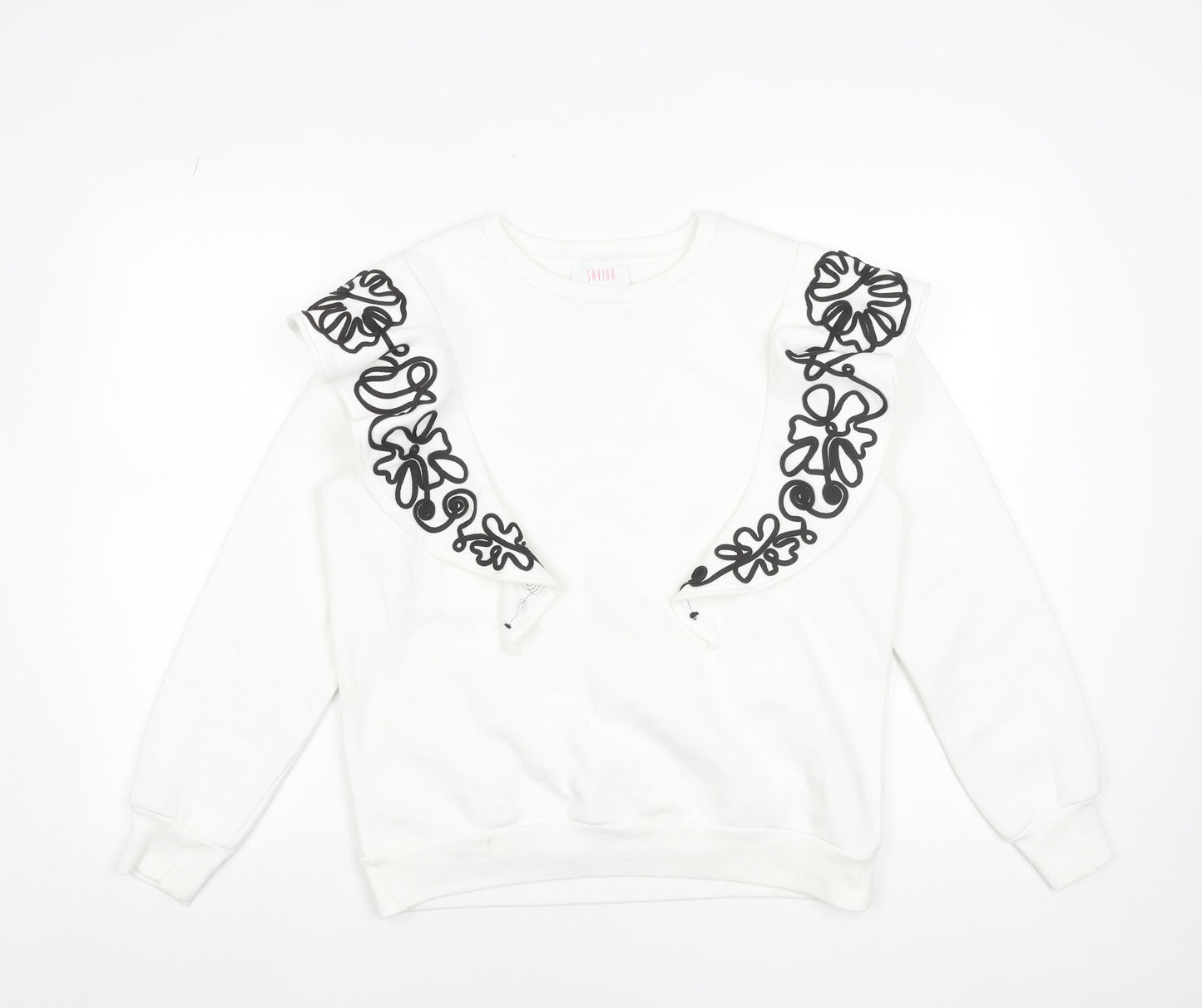 Savida Women White Embroidered Ruffle Sweatshirt Size 12