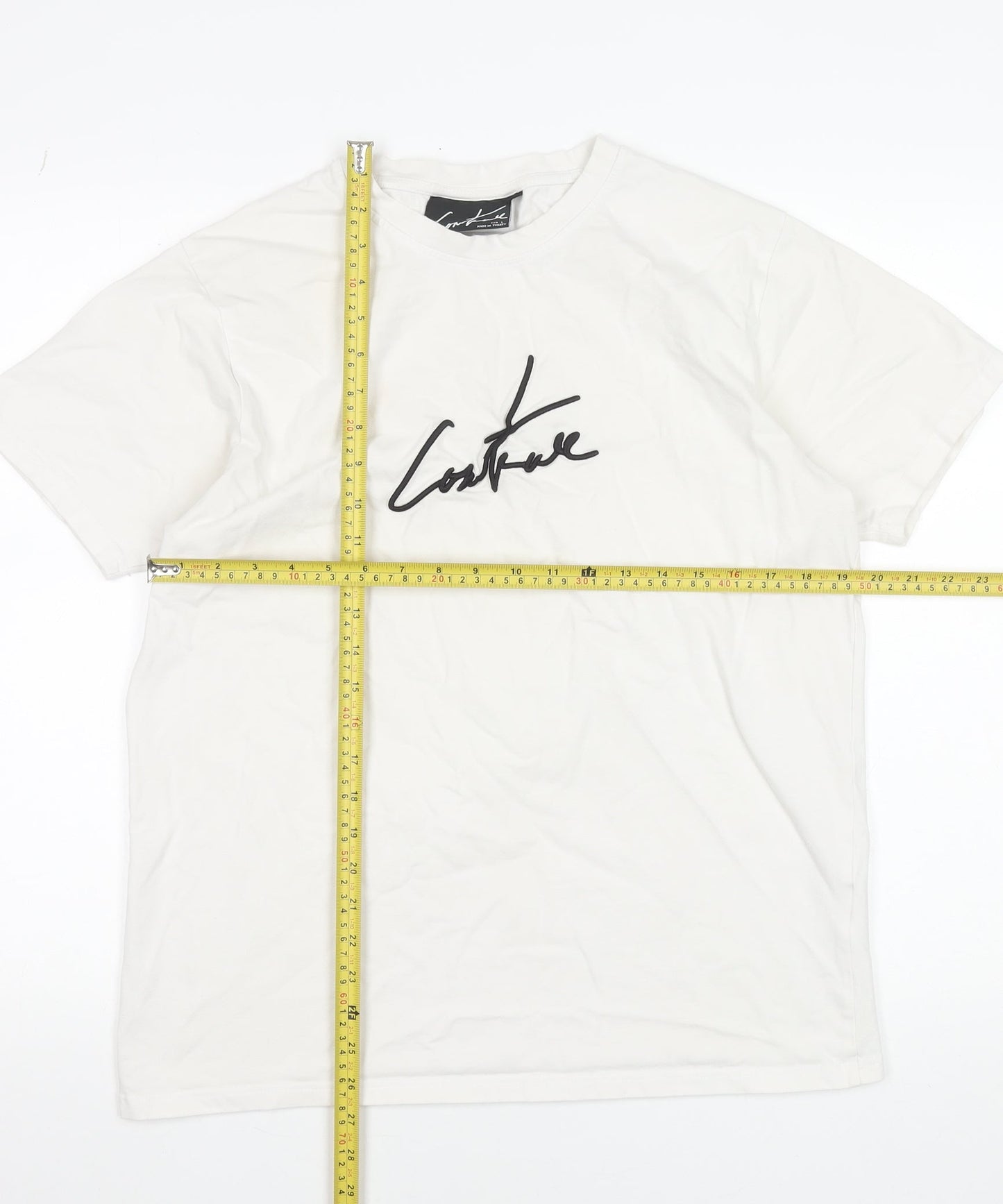 Couture Men's White Graphic Logo T-Shirt L Crew Neck Jersey Cotton