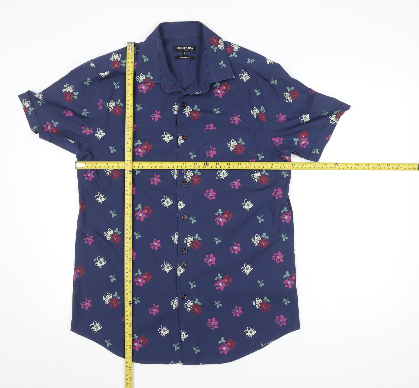 Debenhams Men's Blue Floral Classic Fit Short Sleeve Button-Up Shirt Size S