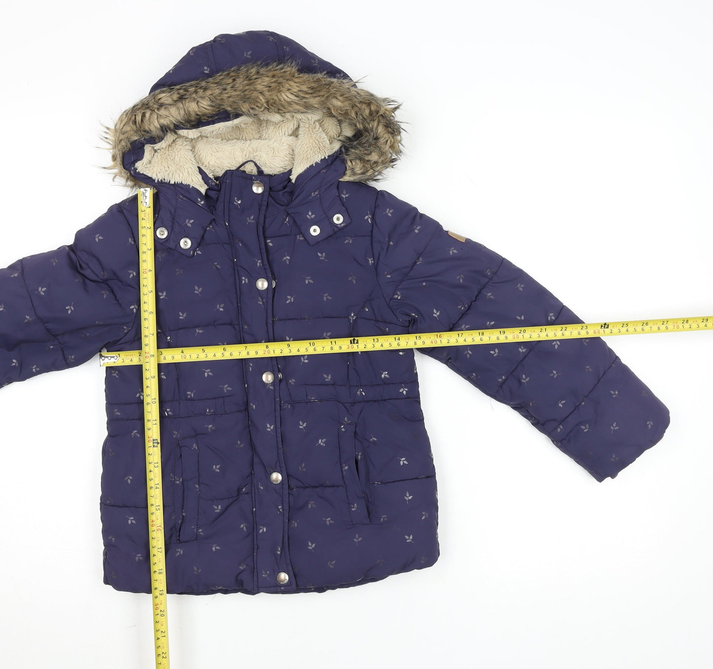 Joules Girls Blue 7-8 Years Hooded Puffer Coat with Faux Fur Trim