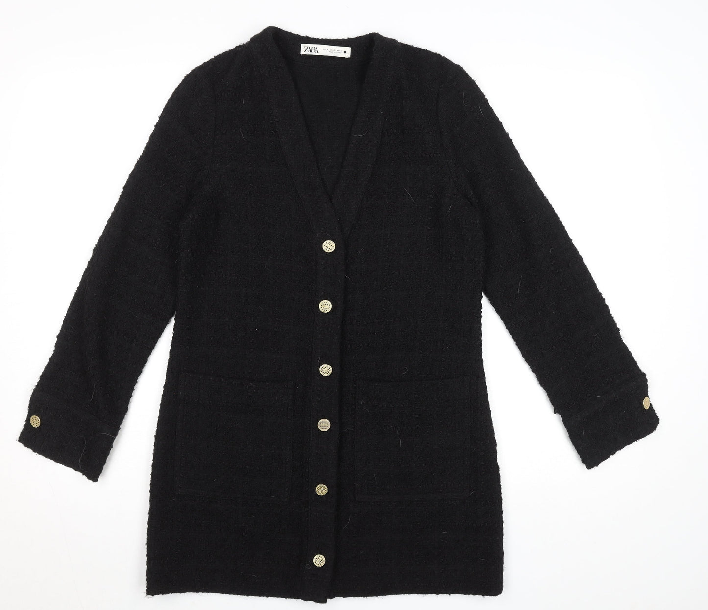 Zara Women Black Tweed Button Shift Dress Size S Long Sleeve