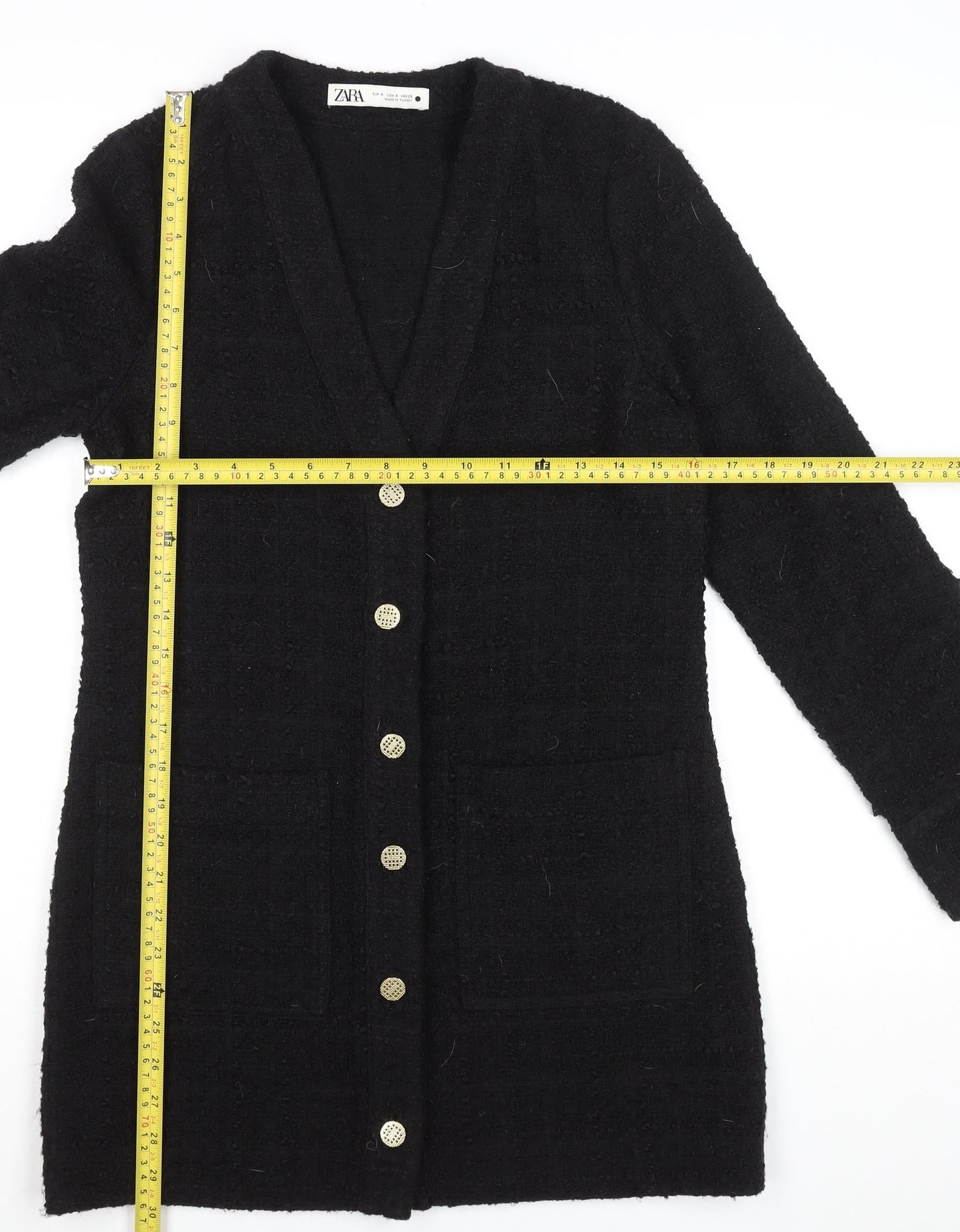 Zara Women Black Tweed Button Shift Dress Size S Long Sleeve