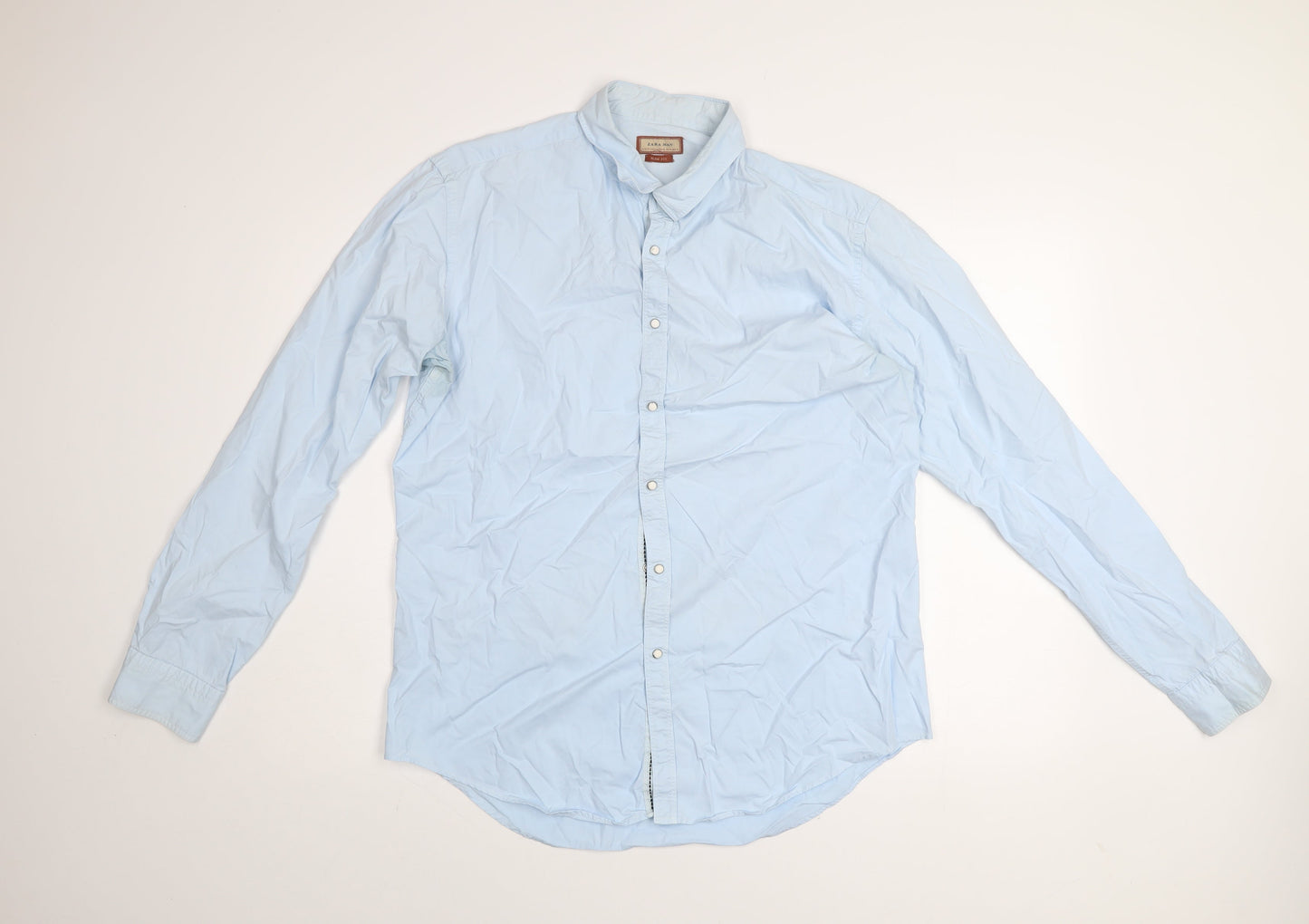 Zara Man Blue Slim Fit Long Sleeve Button-Up Shirt Size L