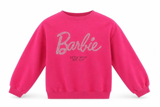 Front view of Zara girls’ pink barbie sweatshirt 9-10 years rhinestone crew neck pullover