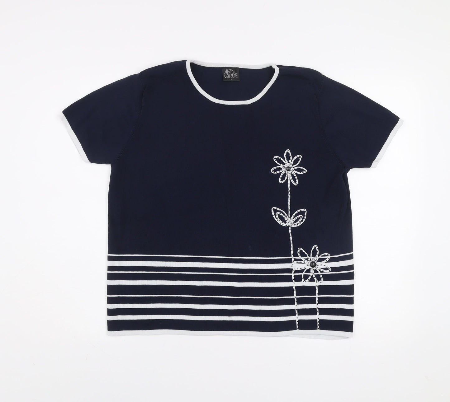 Avant Garde Women's Blue Striped Embroidered T-Shirt Size L