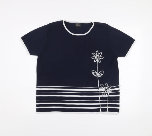 Avant Garde Women's Blue Striped Embroidered T-Shirt Size L