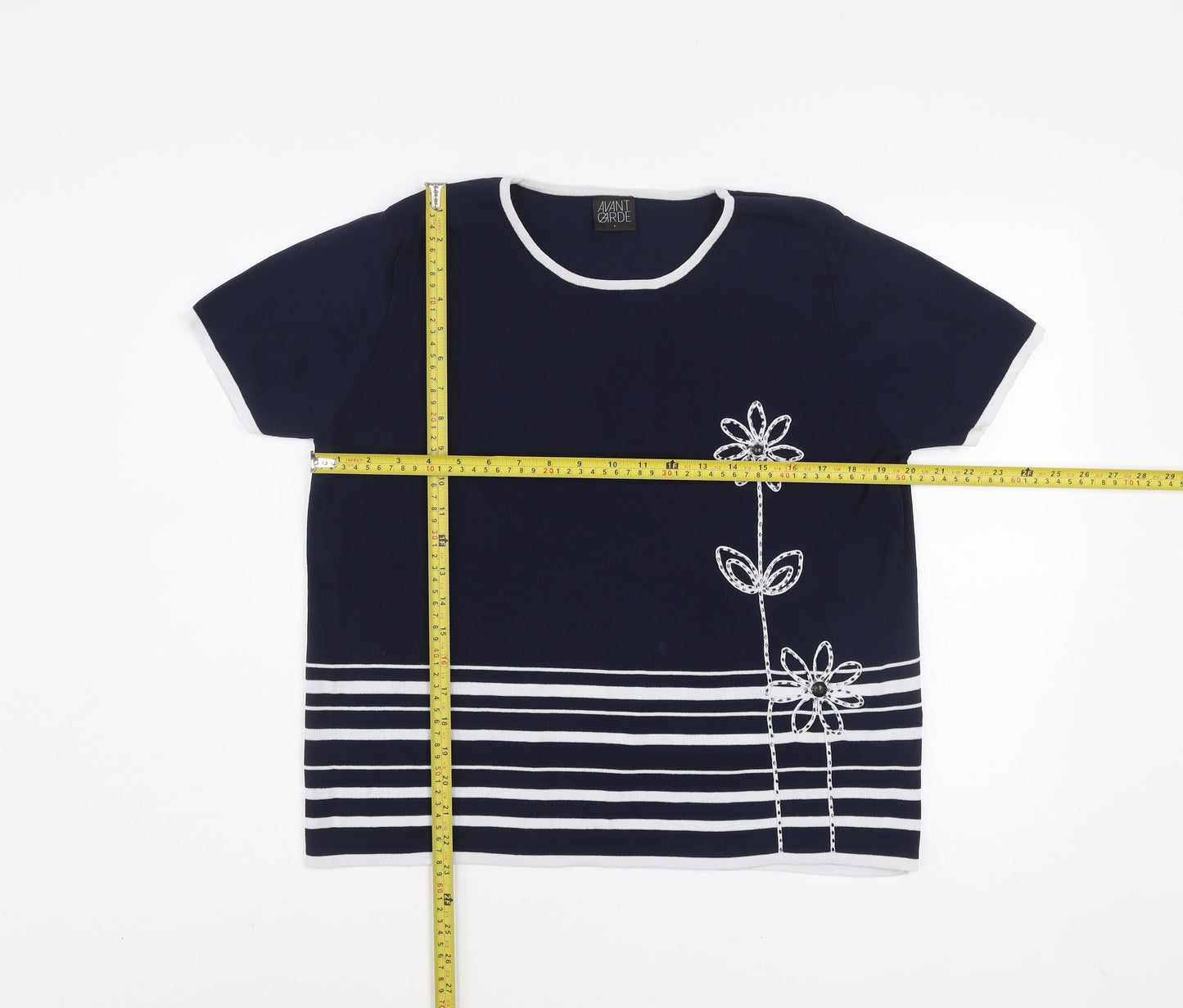 Avant Garde Women's Blue Striped Embroidered T-Shirt Size L