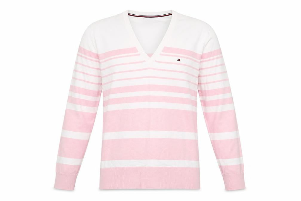 Tommy Hilfiger Men's Pink White Striped V-Neck Cotton Jumper S