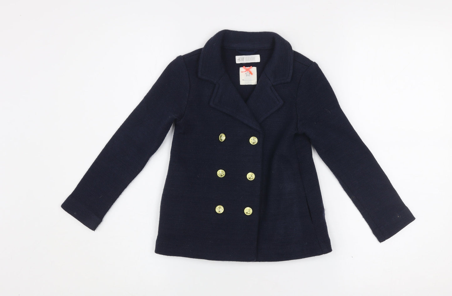 H&M Girls Blue Double-Breasted Pea Coat 4-5 Years Acrylic Knit Jacket
