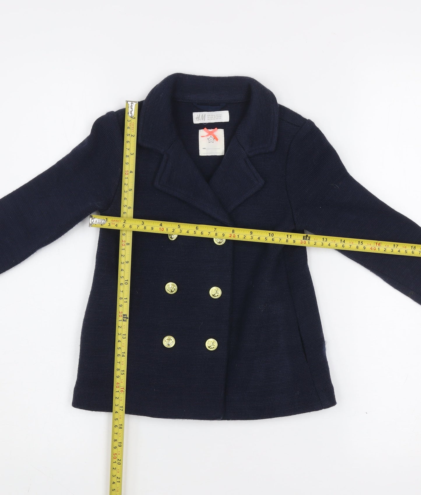H&M Girls Blue Double-Breasted Pea Coat 4-5 Years Acrylic Knit Jacket