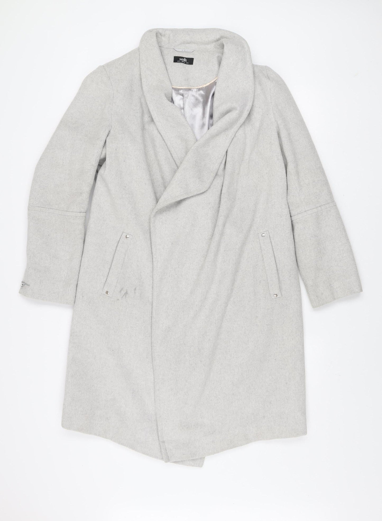 Wallis Women’s Grey Long Overcoat Size 12 Regular Fit Lined Wool Blend