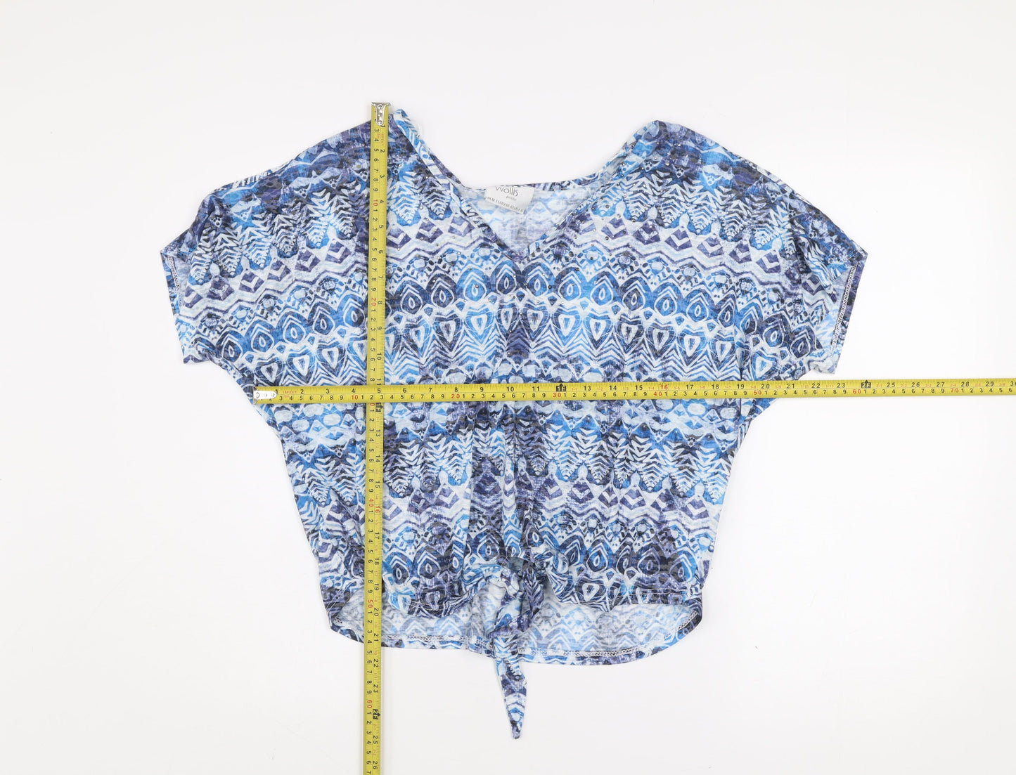 Wallis Women Blue Petite Cropped Bohemian Tie Front Blouse M