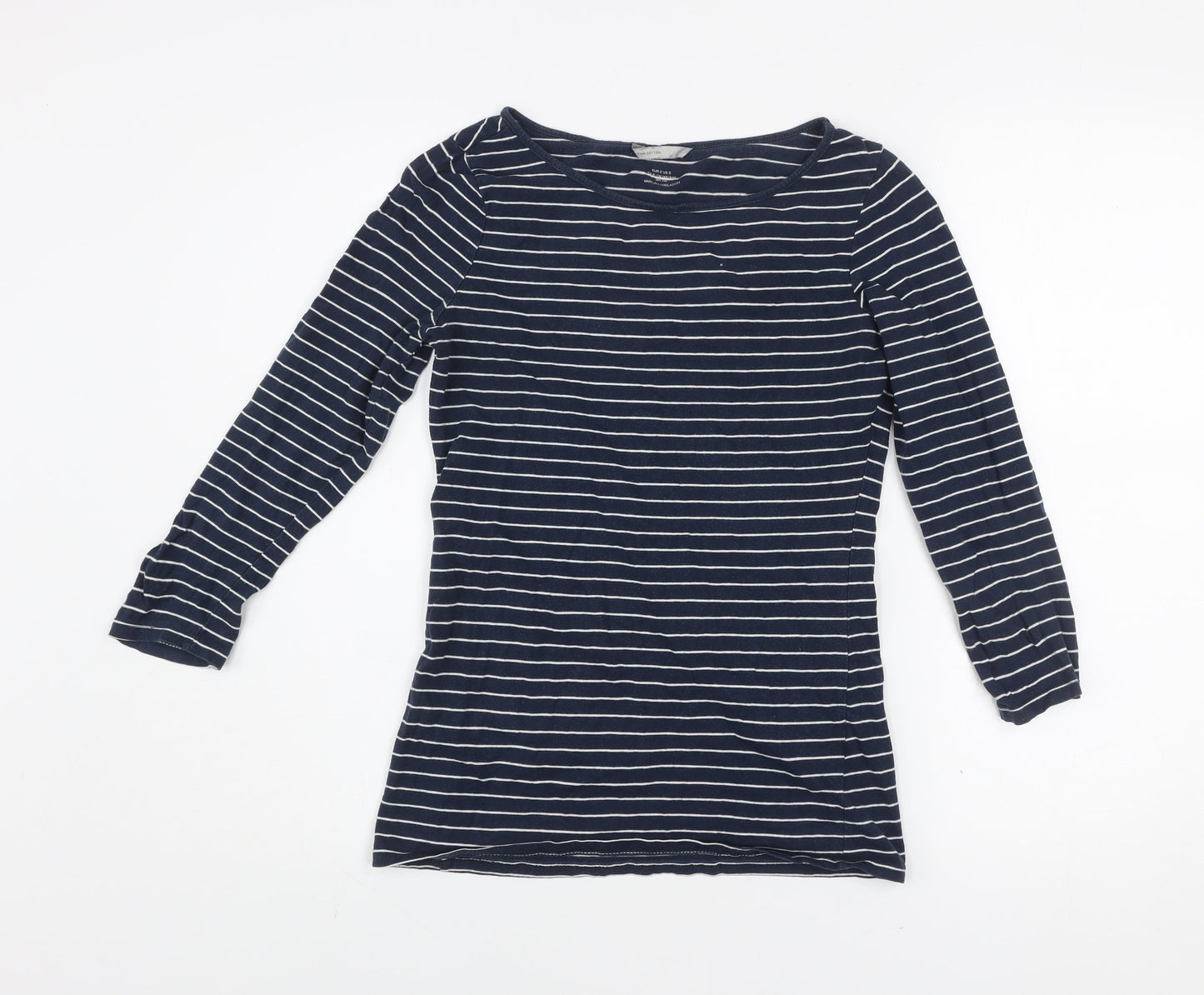 H&M Women's Blue Striped Boat Neck 3/4 Sleeve Cotton T-Shirt Small