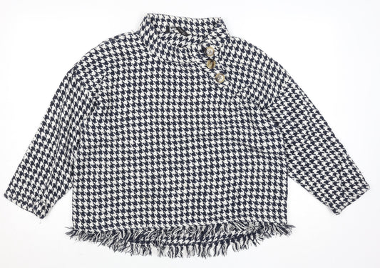 Zara Woman Black & White Houndstooth High Neck Long Sleeve Cotton Blouse Size 16