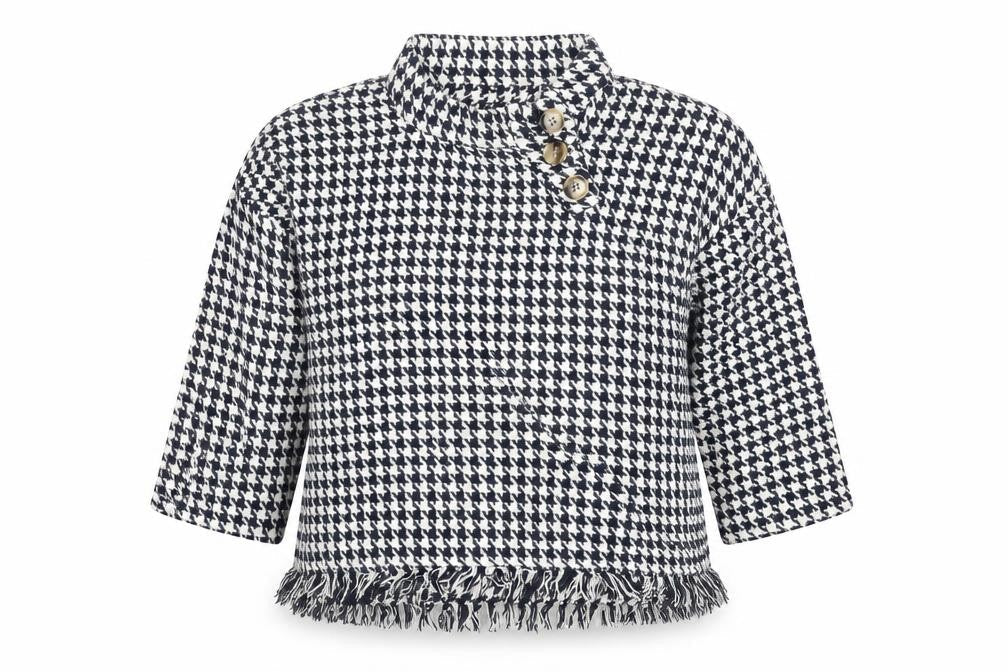 Zara Woman Black & White Houndstooth High Neck Long Sleeve Cotton Blouse Size 16