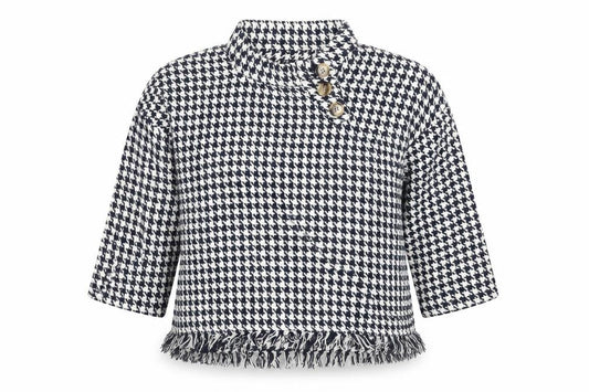 Front view of Zara Woman Black & White Houndstooth High Neck Long Sleeve Cotton Blouse, size 16