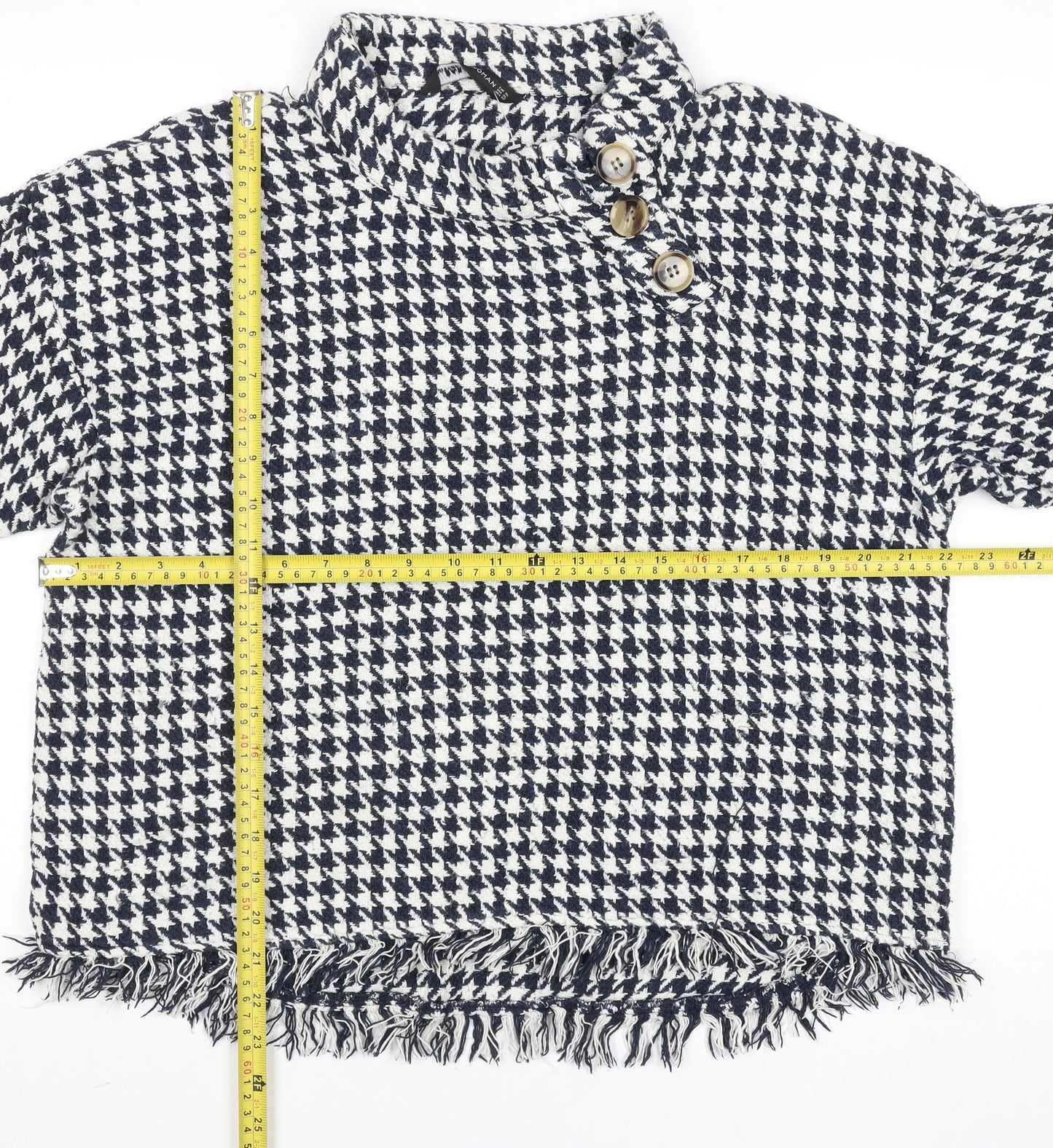 Zara Woman Black & White Houndstooth High Neck Long Sleeve Cotton Blouse Size 16