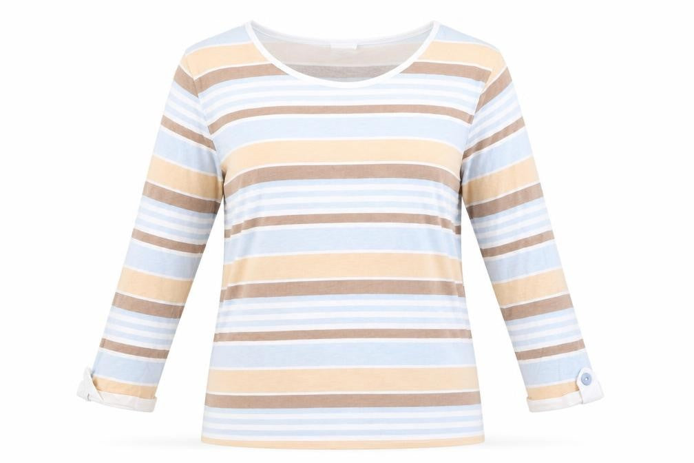 Front view of Anne De Lancay Women's Multicoloured Striped Long Sleeve Cotton Blend T-Shirt M