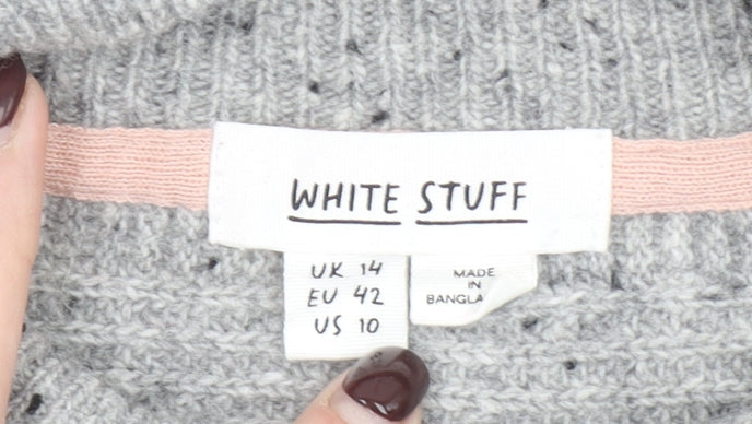 White Stuff Women’s Grey Wool Blend High Neck Chunky Knit Jumper Size 14