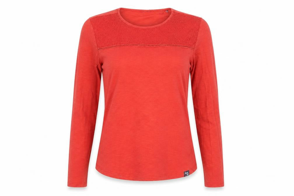 Superdry Women's Red Long Sleeve Cotton Crochet T-Shirt UK 8
