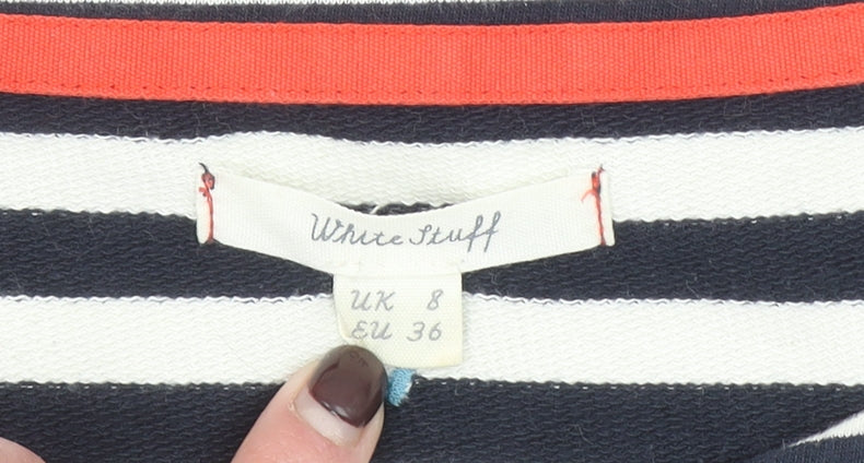White Stuff Women Blue Striped Shift Dress Size 8 3/4 Sleeve Casual
