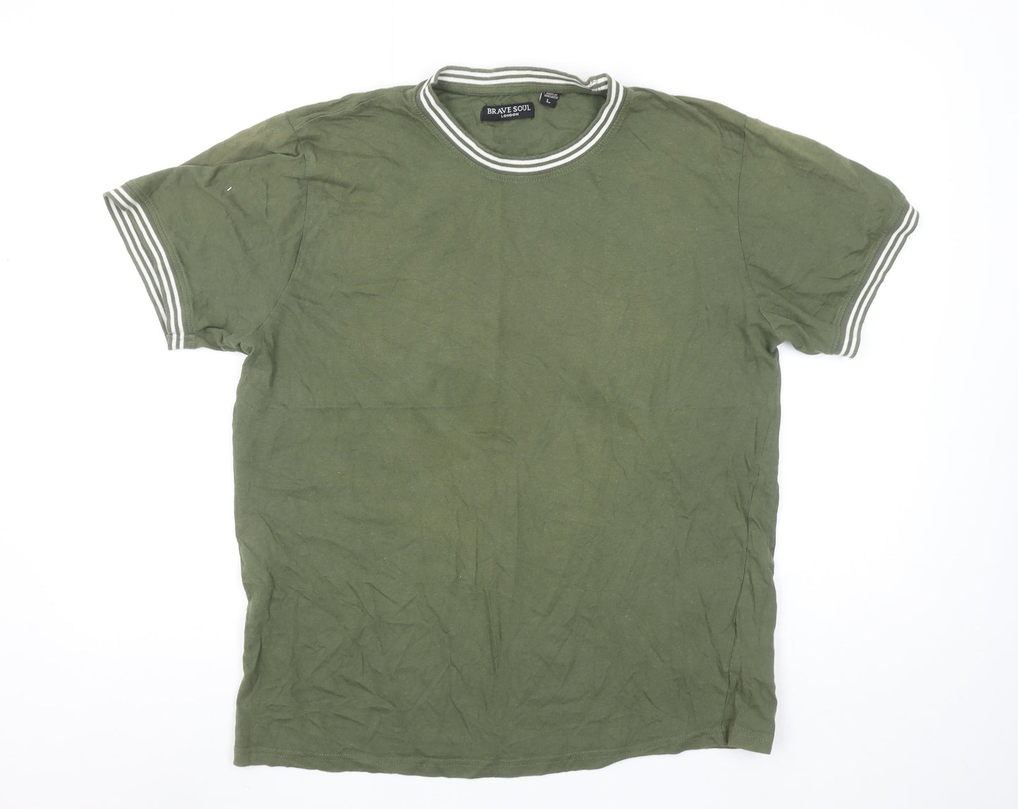 Brave Soul Men’s Green Crew Neck Short Sleeve Cotton T-Shirt Size L