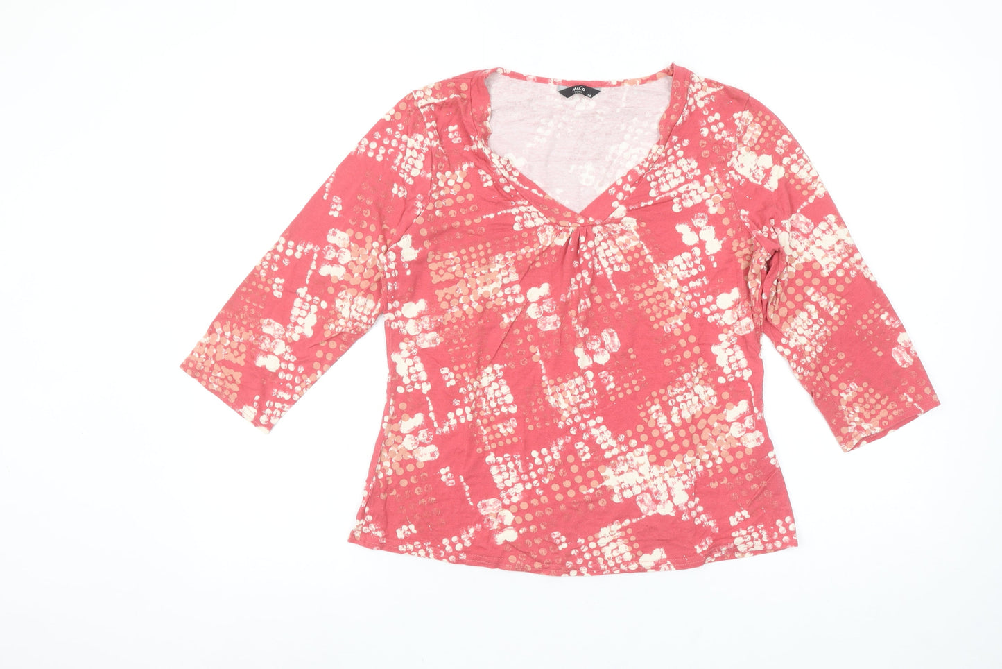 M&Co Womens Pink Geometric V-Neck 3/4 Sleeve Jersey T-Shirt Size 14