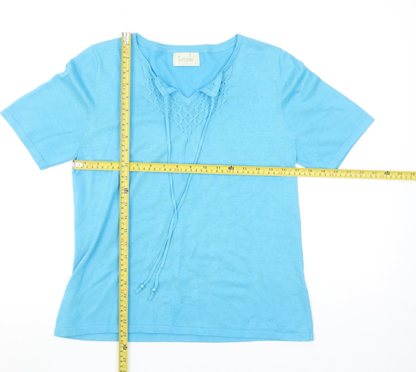 Jumper Womens Blue V-Neck Knit Short Sleeve T-Shirt Size L