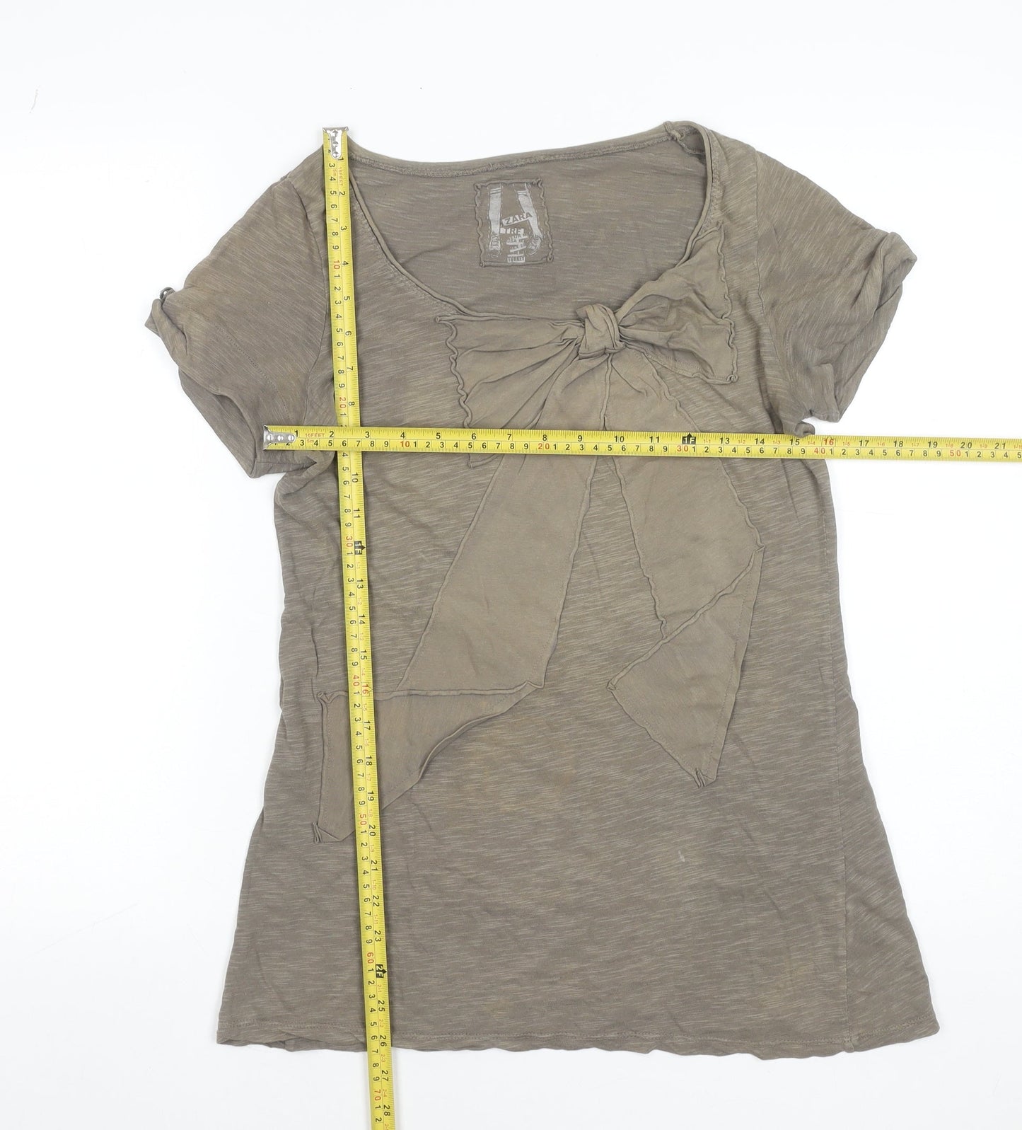 Zara Women Brown Bow Detail Short Sleeve Cotton T-Shirt Size M