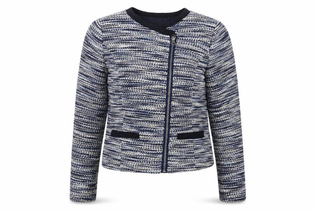 Jensen Womens Blue Tweed Collarless Biker Jacket Size 8