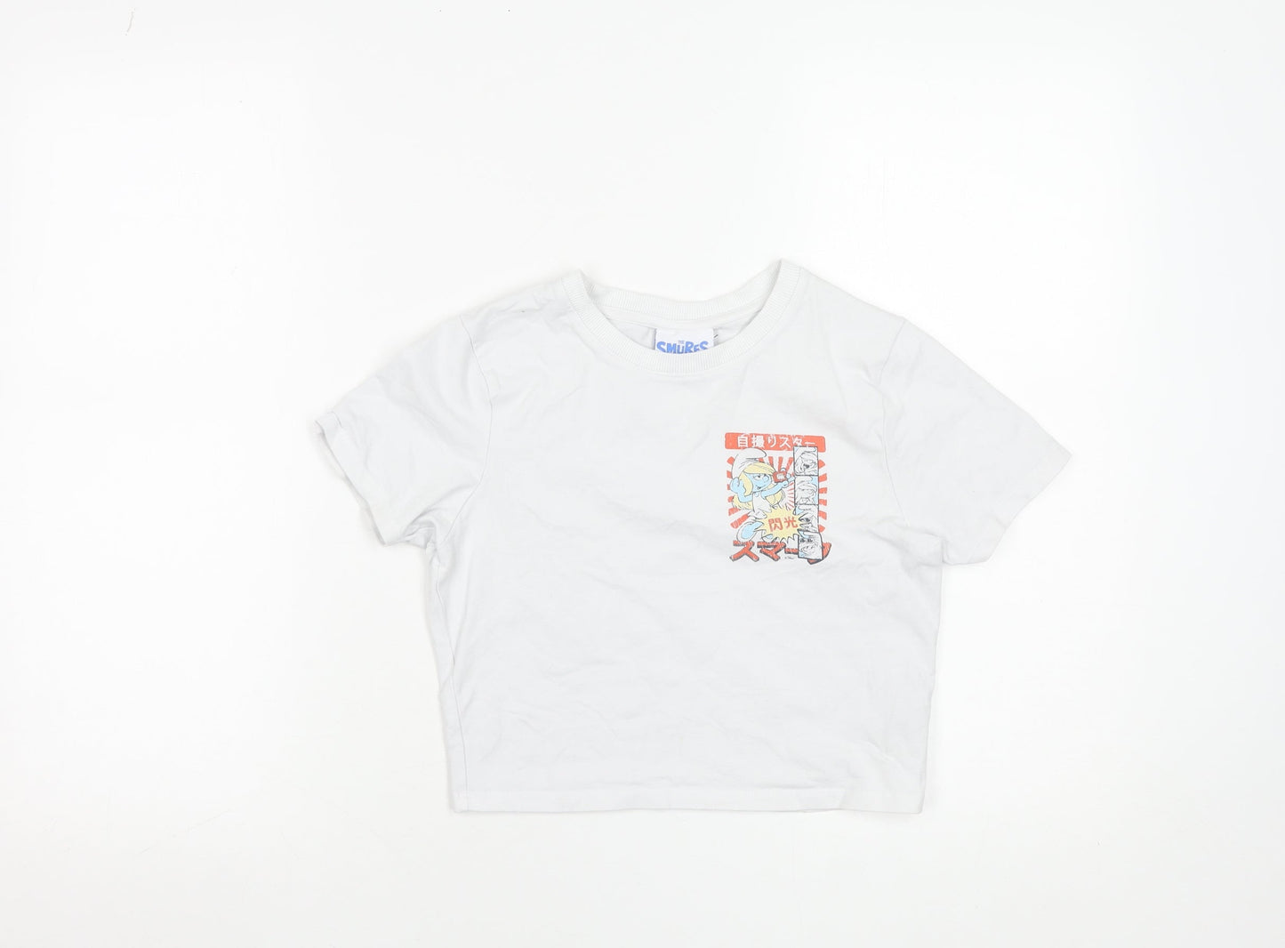 The Smurfs Womens White Cropped T-Shirt S Cartoon Graphic Top