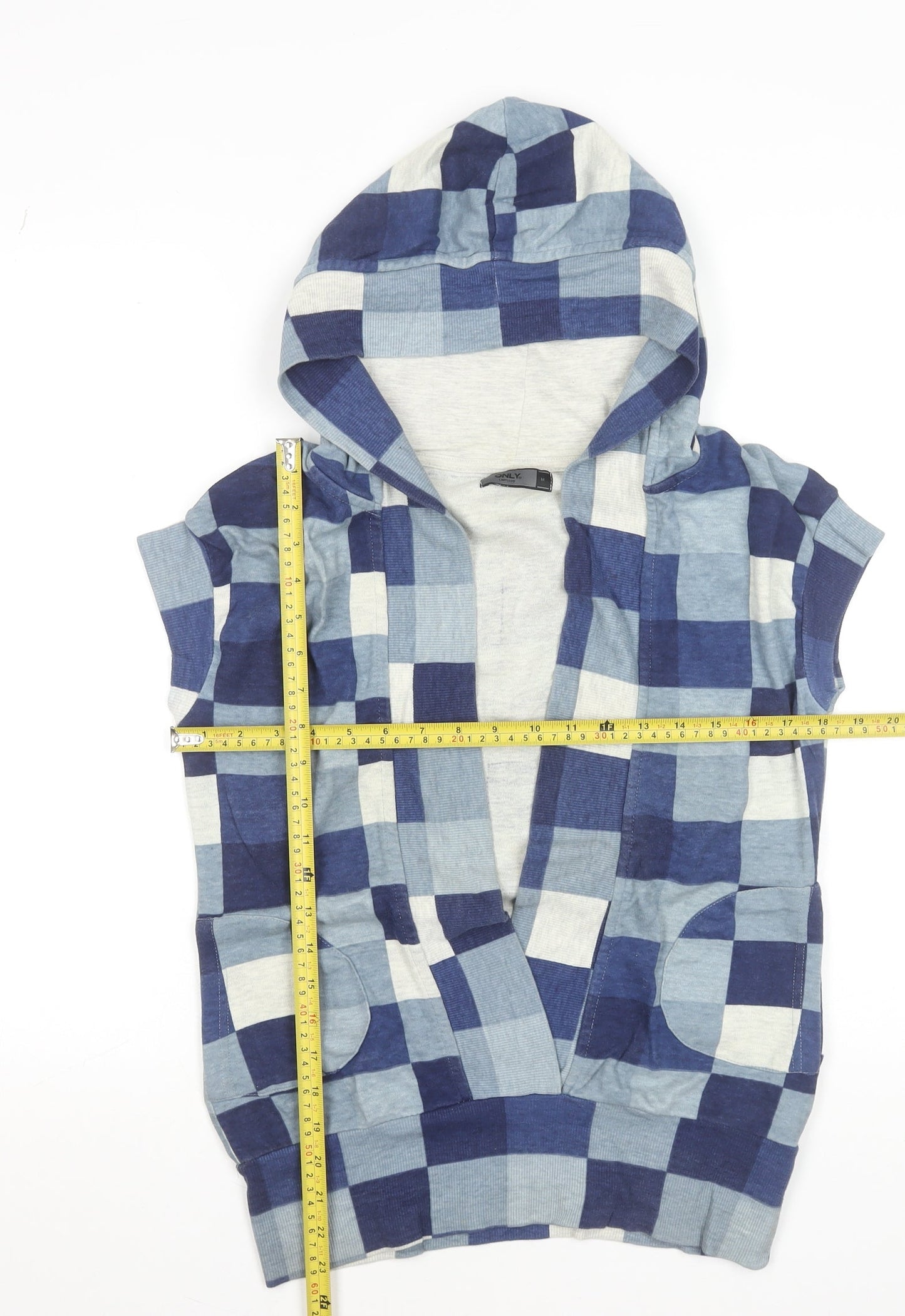 ONLY Women's Blue Checked Sleeveless Hooded Vest M Cotton Blend