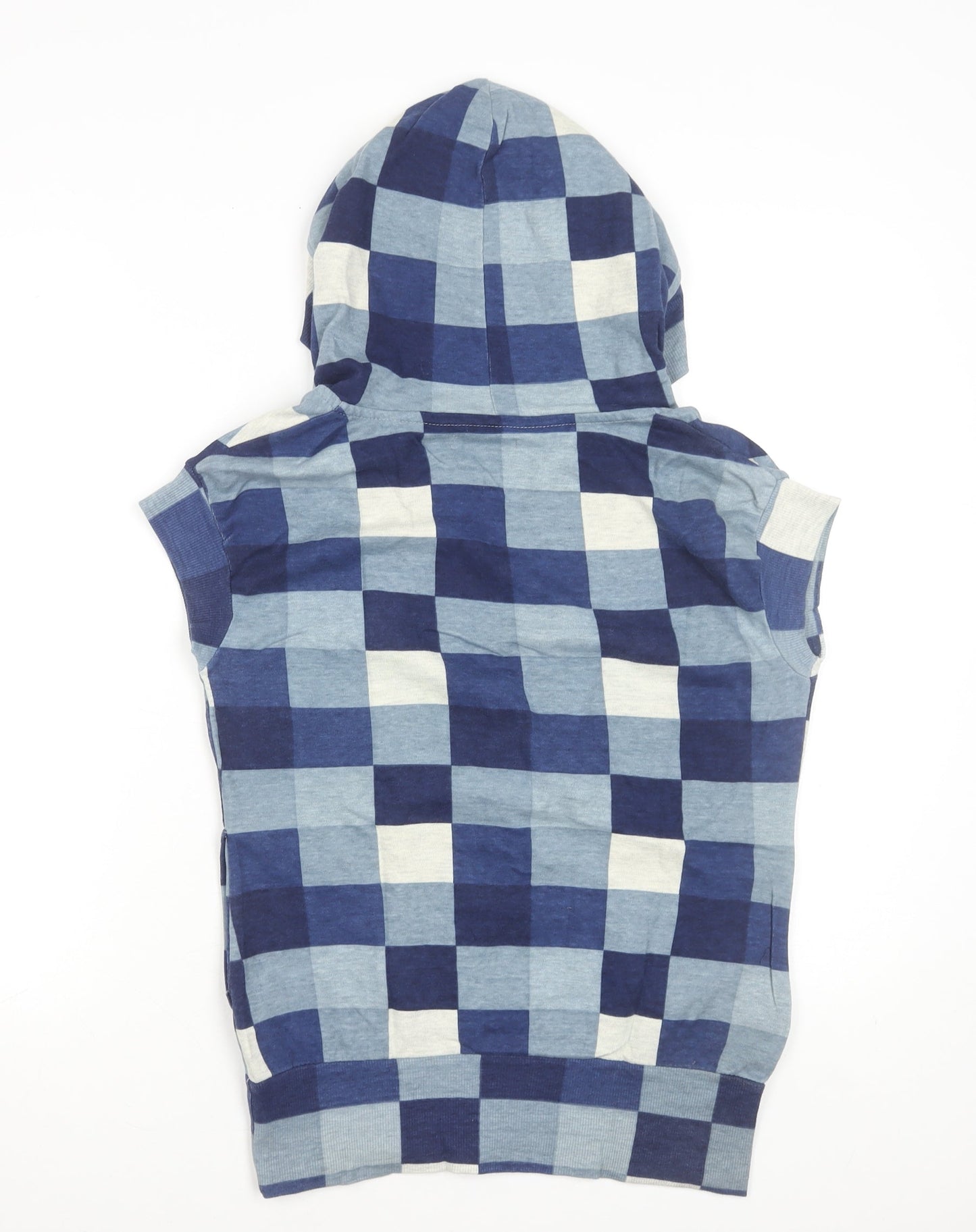 ONLY Women's Blue Checked Sleeveless Hooded Vest M Cotton Blend