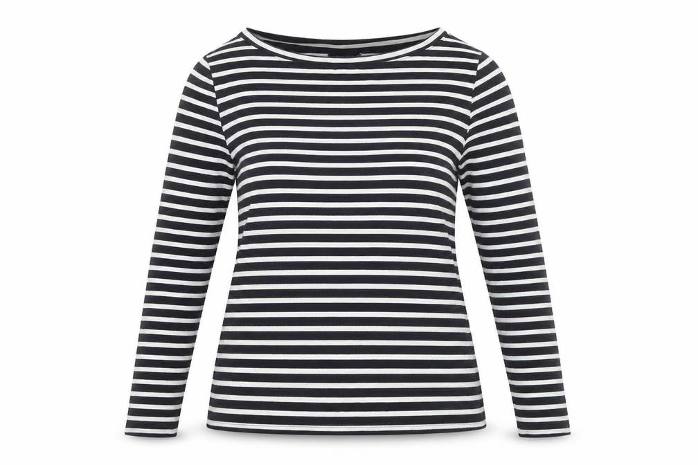 Front view of ASOS DESIGN Women’s Black White Striped Boat Neck Long Sleeve T-Shirt, size UK 14