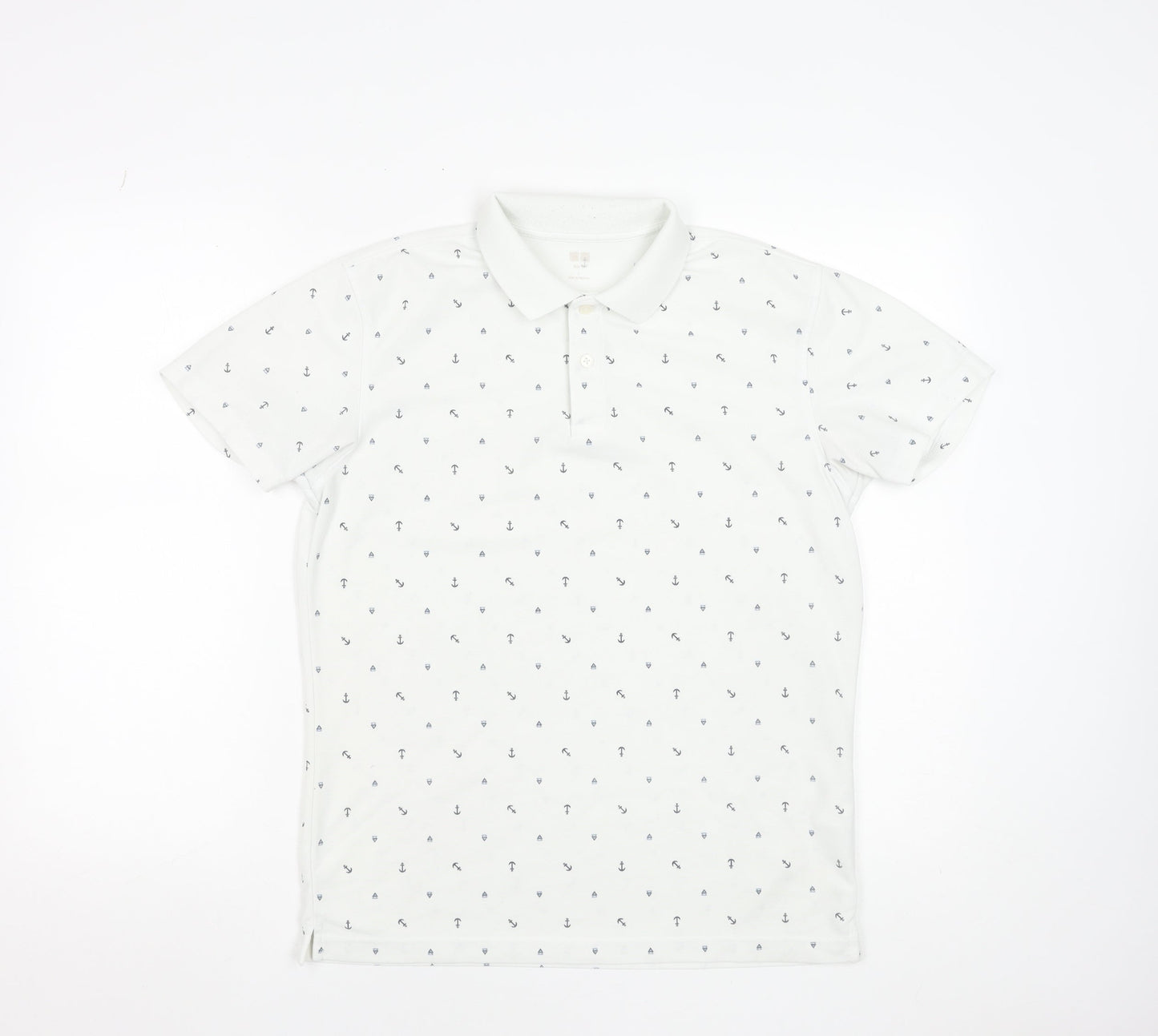 Uniqlo Men's White Anchor Print Polo Shirt Size L Short Sleeve