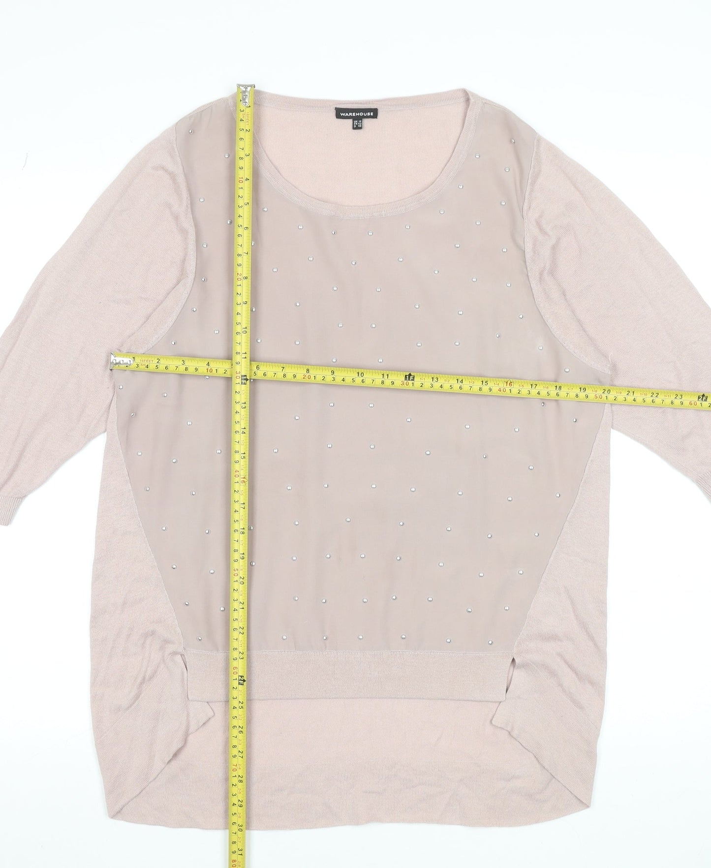 Warehouse Women’s Beige Beaded Front 3/4 Sleeve Top UK 14